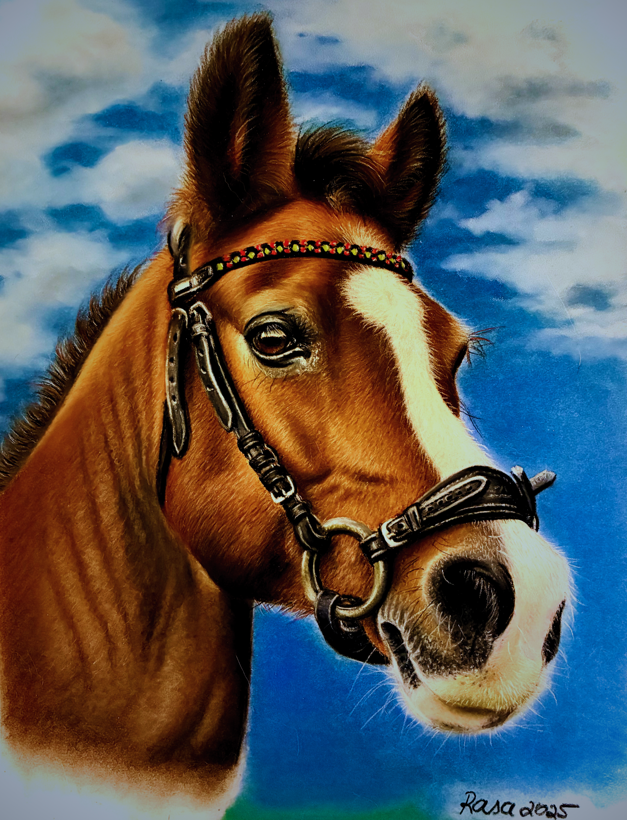 Original pastel horse portrait against sky by Artistry by Rasa